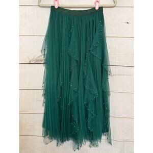 Nikki Lund Green Midi Skirt Tulle Pearls Sz XS Perf‎ For Holiday Party
